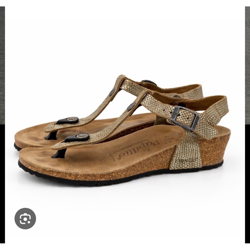 Papillio Birkenstock Sandals Womens 9 Gold Snakeskin Gizeh Wedge T-Strap